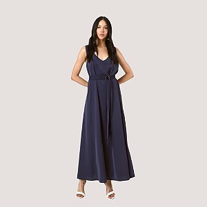 VESTIDO SLY REGATA  CREPE FAIXA LONGO AZUL MARINHO FEMININO ADULTO