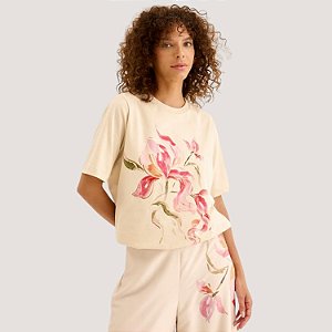 BLUSA LEZ A LEZ MANGA CURTA T-SHIRT ALGODÃO BEGE FEMININO ADULTO