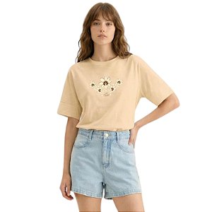 BLUSA LEZ A LEZ MANGA CURTA T-SHIRT BORDADA BEGE FEMININO ADULTO