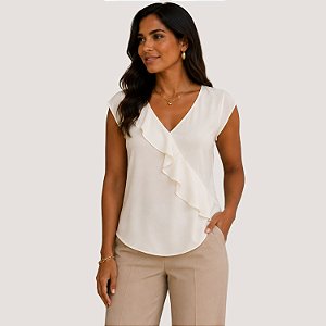 BLUSA SLY REGATA CREPE BABADOS OFFWHITE FEMININO ADULTO