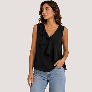 BLUSA SLY REGATA CREPE BABADOS PRETO FEMININO ADULTO