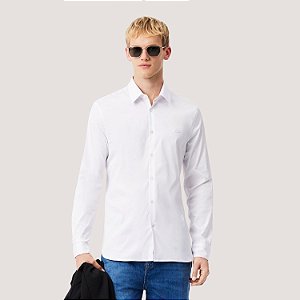 CAMISA LACOSTE MANGA LONGA SLIM ALGODÃO LISO BRANCO MASCULINO ADULTO
