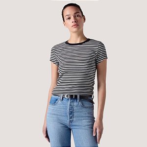 BLUSA LEVIS MANGA CURTA ALGODÃO COM ELASTANO LISTRADO PRETO E BRANCO FEMININO ADULTO