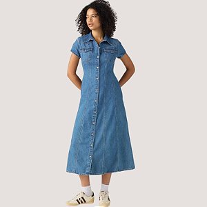 VESTIDO LEVIS MANGA CURTA JEANS MÉDIO ALGODÃO LONGO FEMININO ADULTO