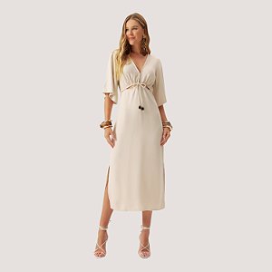 VESTIDO FLOR DE LIZ MANGA CURTA VISCOSE BEGE FEMININO ADULTO