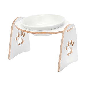 Comedouro Elevado Individual com Tigela de Porcelana Para Gatos - Branco