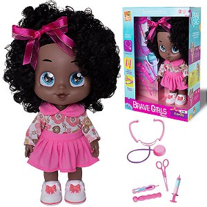 Boneca Negra Menina Médica Brave Girls Grande C/ Acessórios