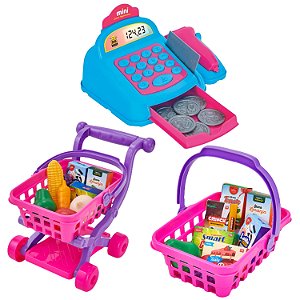 Kit Mercado Brinquedo Bebe Cesta Carrinho Caixa Registradora