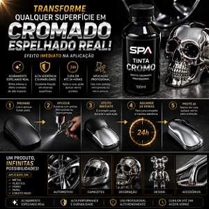 SPA Tinta Cromo 100ml Efeito Cromado Profissional para Pistola Micro Pintura Fundo Preto Alta Performance REF:7173