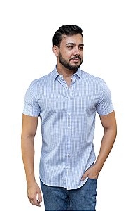 Camisa Slim Masculina Individual Manga Curta Azul Claro