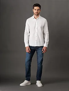 Camisa Manga Longa Regular Lisa Básica Logo No Peito Calvin Klein Jeans Branc