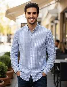 Camisa Individual Masculina Listrada Linho Azul