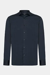Camisa Manga Longa Slim em Tricoline Stretch Liso Marinho Escuro