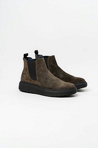 Bota Masculina Chelsea Couro Camurça Verde Militar Garbanne Solado Alto 4cm