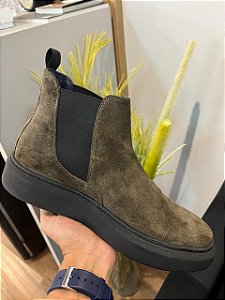 Bota Masculina Chelsea Couro Camurça Verde Militar Garbanne Solado Alto 4cm