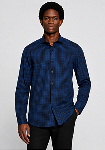 Camisa Aramis Manga Longa Slim Mini Xadrez Damero Azul Medio Com Marinho