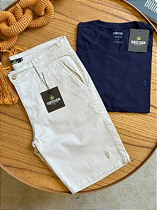 Kit Bermuda Sarja Areia + Camiseta Cotton Pima Marinho Bruder