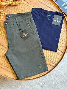 Kit Bermuda Sarja Verde + Camiseta Cotton Pima Marinho Bruder