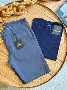 Kit Bermuda Sarja Chumbo + Camiseta Cotton Pima Marinho Bruder