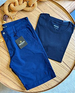 Kit Bermuda Sarja Marinho + Camiseta Cotton Pima Preta Bruder