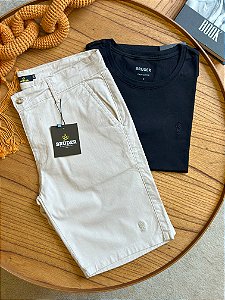 Kit Bermuda Sarja Areia + Camiseta Cotton Pima Preta Bruder