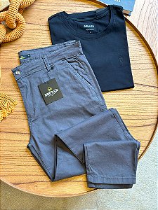Kit Calça Sarja Chumbo + Camiseta Cotton Pima Preta Bruder