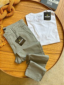 Kit Calça Sarja Cinza Claro + Camiseta Cotton Branca Preta Bruder