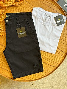 Kit Bermuda Sarja Preta + Camiseta Cotton Pima Branca Bruder