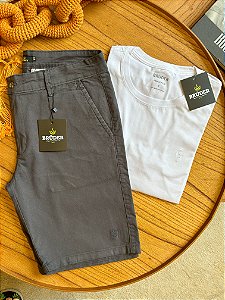 Kit Bermuda Sarja Chumbo + Camiseta Cotton Pima Branca Bruder