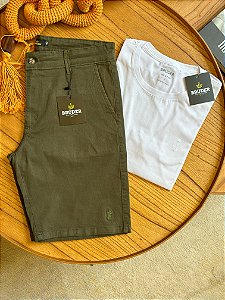 Kit Bermuda Sarja Verde + Camiseta Cotton Pima Branca Bruder
