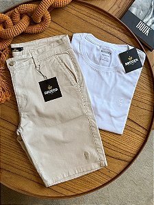 Kit Bermuda Sarja Bege + Camiseta Cotton Pima Branca Bruder