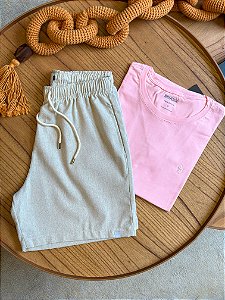 Kit Shorts Linho Bege + Camiseta Cotton Pima Rosa Claro Bruder
