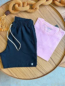 Kit Shorts Linho Preto + Camiseta Cotton Pima Rosa Claro Bruder