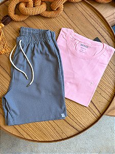 Kit Shorts Linho Chumbo + Camiseta Cotton Pima Rosa Claro Bruder