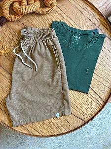 Kit Shorts Linho Terracota + Camiseta Cotton Pima Verde Musgo Bruder