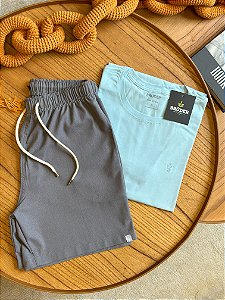Kit Shorts Linho Chumbo + Camiseta Cotton Pima Azul bebe Bruder