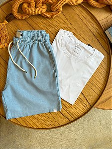 Kit Shorts Linho Azul Bebe + Camiseta Cotton Pima Branca Bruder