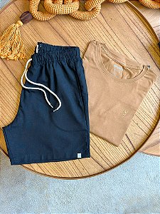 Kit Shorts Linho Preto + Camiseta Cotton Pima Terracota Bruder