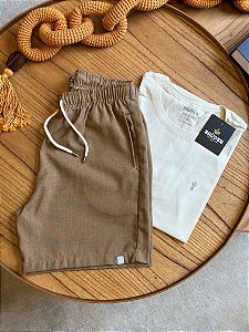 Kit Shorts Linho Terracota + Camiseta Cotton Pima Creme Bruder