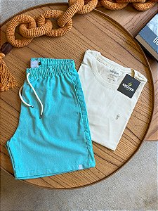 Kit Shorts Linho Verde Água + Camiseta Cotton Pima Creme Bruder