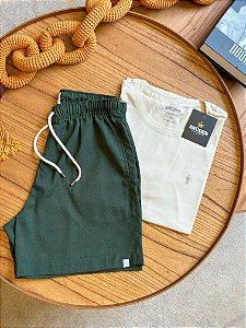 Kit Shorts Linho Verde Musgo + Camiseta Cotton Pima Creme Bruder