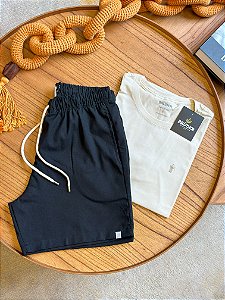 Kit Shorts Linho Preta + Camiseta Cotton Pima Creme Bruder