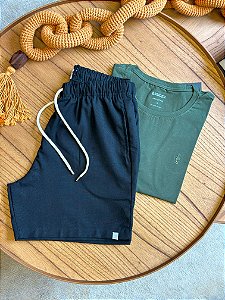 Kit Shorts Linho Preto + Camiseta Cotton Pima Verde Musgo Bruder