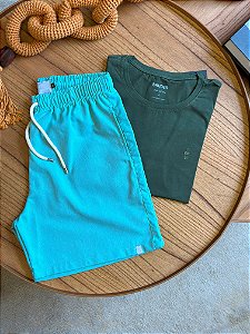 Kit Shorts Linho Verde Água + Camiseta Cotton Pima Verde Musgo Bruder