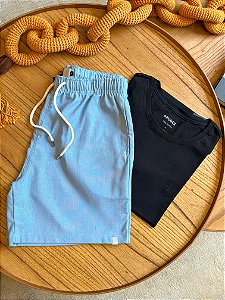 Kit Shorts Linho Azul Bebe + Camiseta Cotton Pima Preta Bruder