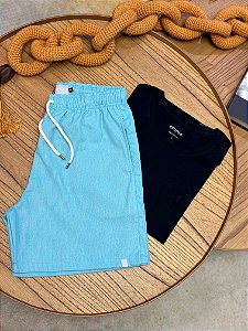 Kit Shorts Linho Verde Água + Camiseta Cotton Pima Preta Bruder