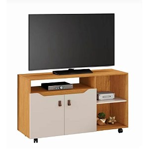 Rack com Rodízios e Puxadores de Couro TV até 49” Seleto Cinamomo/Off White JCM
