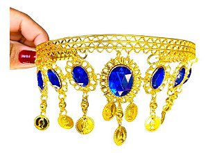 Tiara Testeira De Moedas E Pedras Azul Royal Dourada Dança Do Ventre