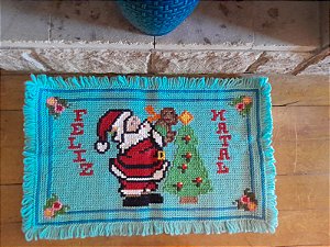 Tapete Arraiolo Azul Papai Noel Natal 43x70cm
