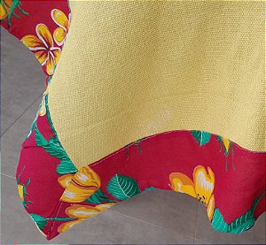 Toalha Mesa Algodão Amarelo Barra Chita Vermelha 2,10m